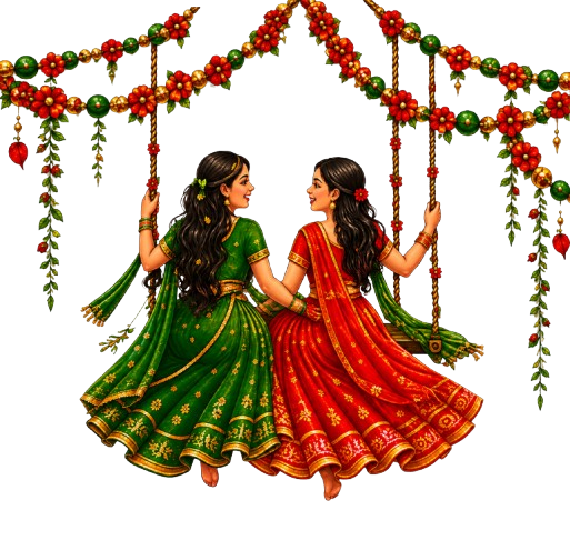 Two women in red and green Teej outfits on a decorated swing